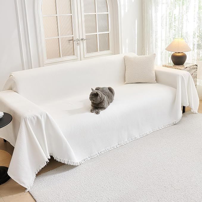 MYSKY HOME Couch Covers Couch Cover for Dogs Washable, Couch Covers for Sectional Sofa, Sofa Covers for 3 Cushion Couch Sofa Cover for Living Room Furniture Protector for Pets, Kids, 91"x134", White - Image 9