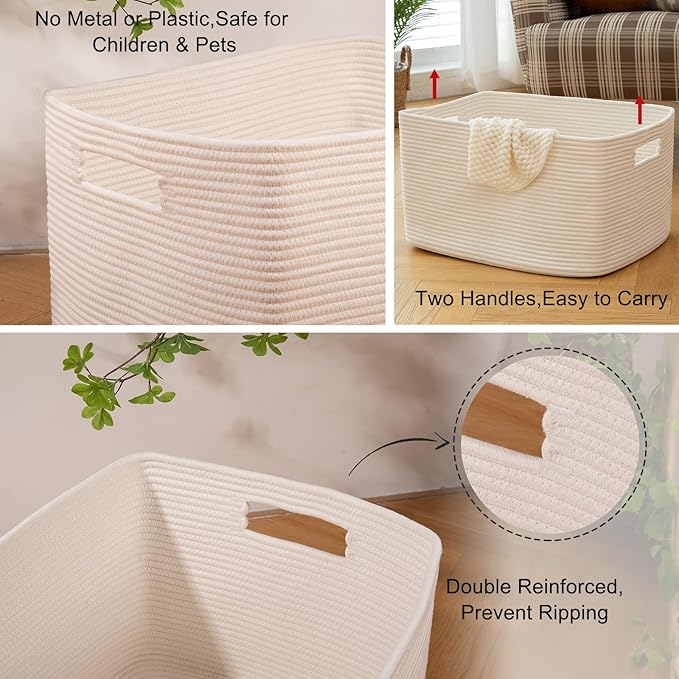 OIAHOMY XXLarge Rectangle Blanket Basket-96L, Cotton Woven Basket for Storage, Dirty Clothes Basket for Living Room, Nursery, Bedroom, Toy Organizing with Handle, 24" x 16" x 15", White - Image 4