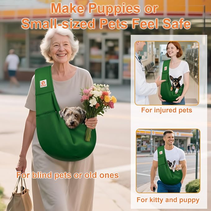 Tomkas Small Dog Cat Sling Carrier Puppy Purse Travel Wrap Soft Crossbody Pet Bag (Emerald Green, M - Zip Pocket & Adjust Strap) - Image 3