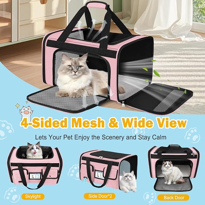 HUANLANG Large Cat Carrier Soft Sided Travel Pet Carrier Airline Approved | Dog Carriers for Small Dogs Medium Cats,Collapsible,3 Storage,zipper lock,Reflective strips,Luggage Strap, Up to 15 L,Pinkbs - Image 7