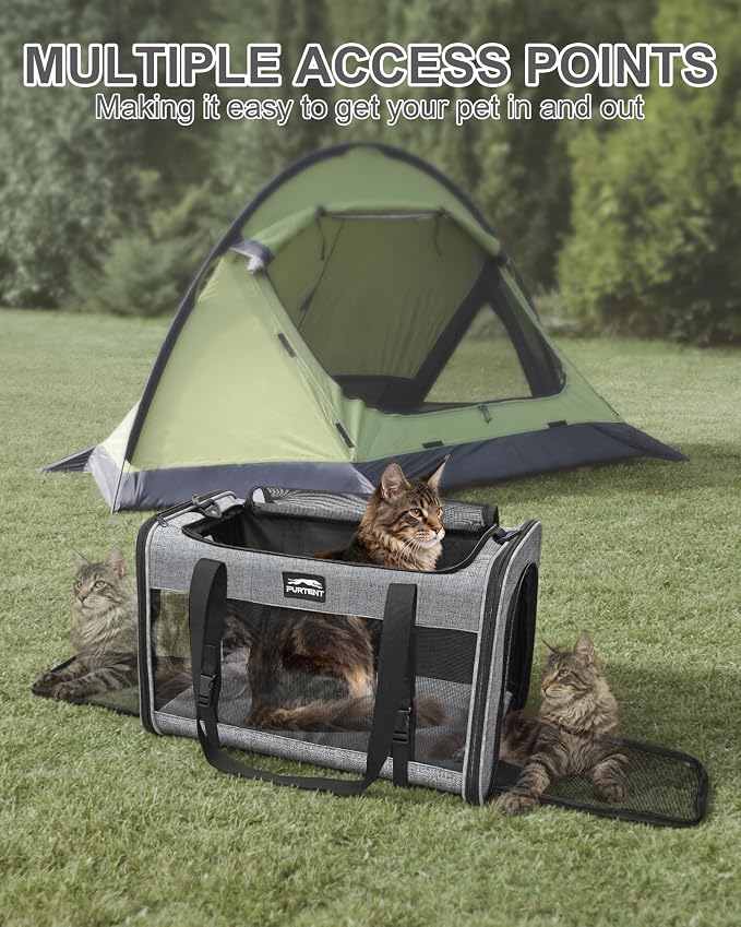 Soft-Sided Large Cat Carrier for 2 Cats, Spacious Foldable Pet Travel Carrier for Large Cats up to 25 Lbs, Double Cat Bag with Shoulder Strap, 20x13x13 Inch, Fits Maine Coon and Small Dogs, Grey | Spacious 20×13×13 in design with reinforced frame for o... - Image 7