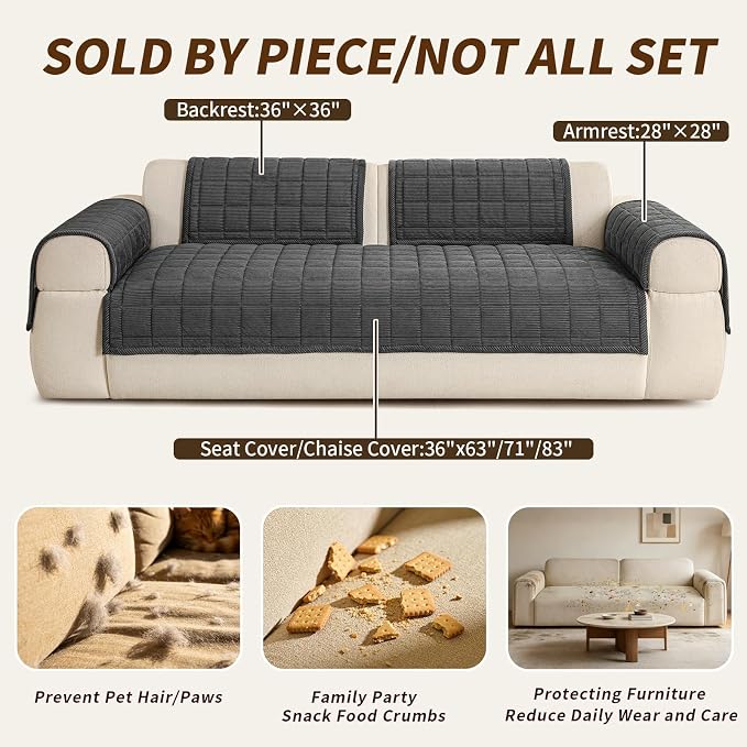 Couch Covers for Sectional Sofa, L Shaped Modular Couch Cover | 35”x63” Dark Grey Velvet Non Slip Sofa Covers Washable for Loveseats, Couch Protect Against Pet Hair, Scratches & Stains - Image 4