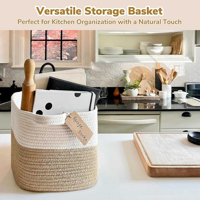 Goodpick Woven Rope Storage Basket for Shelves, Rectangle, Jute | 13" × 10" × 9" Stylish Gift Basket for Bedroom & Living Room Organization, Fits Toys & Pet Supplies Storage, Writable Label - Image 6