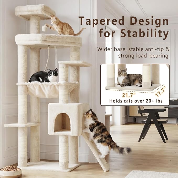 Heybly 64.2" Heavy-Duty Cat Tree for Large Cats with Wide Base HCT027M | Indoor Cat Tower with Scratching Posts & Board, Cat Furniture with Big Platforms, Extra-Large Hammock, Beige - Image 2