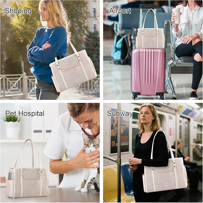 Fashion Dog Carrier Purse, Premium Leather Cat Carrier Bag, Airline Approved Soft Sided Pet Travel Tote Bag with Pockets Beige - Image 5