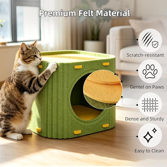 Cat House for Indoor Cats, Thick Felt Cat Bed, Scratch Resistant | Sturdy Cat Bed Cave, 2-in-1 Cat Condo, Cozy Felt Covered Cats Tunnel, 14.9 Inch Kitten Hideaway for Multicats, Up to 22Lbs - Image 6