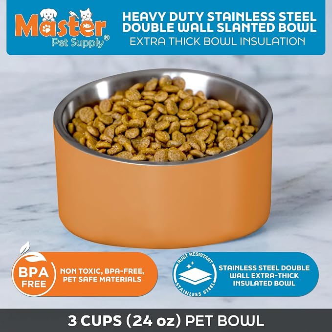 Master Pet Supply Stainless Steel Slanted Dog Cat Food Bowl 24 oz Mango | Heavy Duty Double Wall Insulated Non-Slip Elevated Bowl for French Bulldogs Pugs Cats Anti Rust Dishwasher Safe, Mango Tango - Image 3