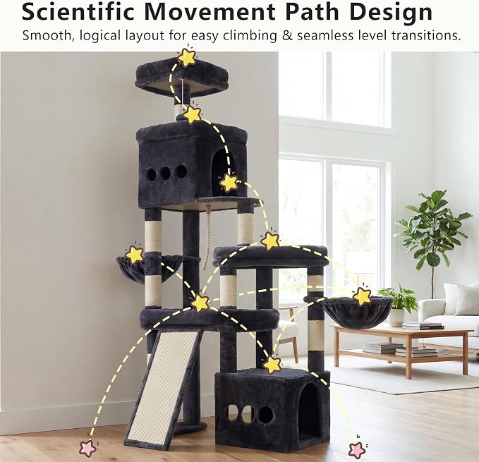 Heybly Cat Tree 72.4-Inch Anti-Tip Cat Tower with Spacious Perches HCT060G | All-in-One Cat Furniture for Large Cats, Multiple Interactive Areas, Extra-Large Sisal Scratching Board, Smoky Gray - Image 8