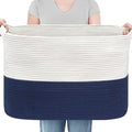 MEGASKET 108L Super Large Blanket Basket, 25" x 16" x 16" Jumbo Rectangle Basket for Blankets Living Room, Woven Cotton Rope Pillow Holder Organizer, Oversized Kids Dog Toy Storage Bin Box, Dark Blue by MEGASKET