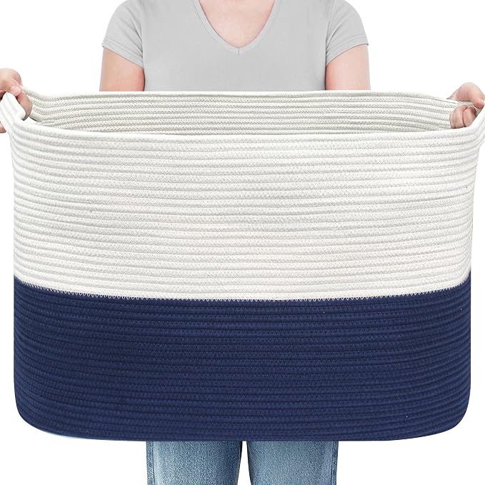 MEGASKET 108L Super Large Blanket Basket, 25" x 16" x 16" Jumbo Rectangle Basket for Blankets Living Room, Woven Cotton Rope Pillow Holder Organizer, Oversized Kids Dog Toy Storage Bin Box, Dark Blue by MEGASKET