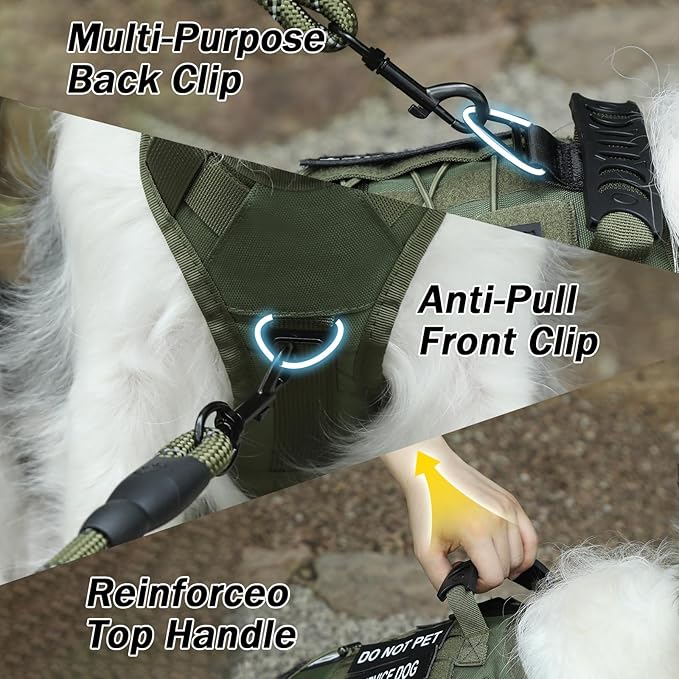 No Pull Tactical Dog Harness Small Sized Dog, Service Dog Vest, S, Green | Tactical Dog Vest Harness and Leash Set, Adjustable Military Service Dog Harness with Handle for Medium Large Dogs - Image 4