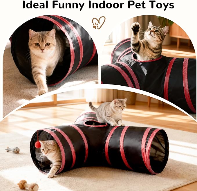 Tempcore Cat Tunnel for Indoor Cats, 3 Way Collapsible Pet Play Tunnel with Teaser Wand, Peek Holes & Hanging Ball, Interactive Tube for Kittens & Rabbits, Black & Red - Image 7