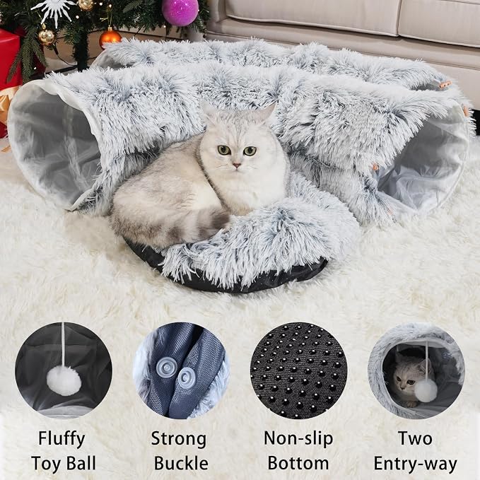 Cat Tunnel Bed for Indoor Cats, Under Christmas Tree Skirt, Donut Tunnel Toys for Multiple & Large Cats, Bed Cave Hideaway for Kitten, Rabbit, Puppy, Gray - Image 5