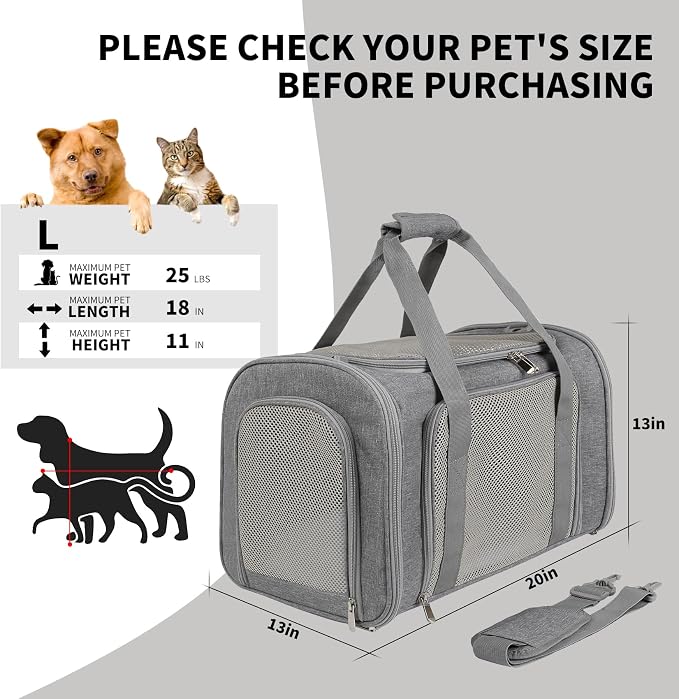 Cat Carrier, Soft-Sided Airline Approved Pet Carrier Case with 4 Ventilated Windows for Cats and Dogs Under 10-25Lbs (17.0 L x 11.0 W x 11.0 H Inch, Grey) - Image 5