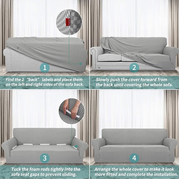 YEMYHOM Couch Cover Latest Jacquard Design High Stretch Sofa Covers for 3 Cushion Couch, Pet Dog Cat Proof Slipcover Non Slip Magic Elastic Furniture Protector (Large, Light Gray Checkered) - Image 7