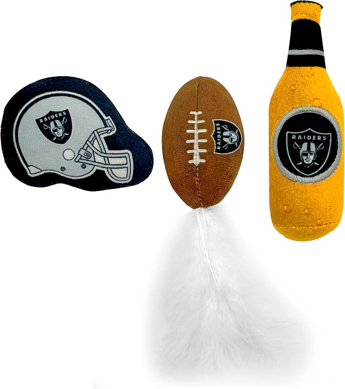 BEST PLUSH CAT TOY - NFL LAS VEGAS RAIDERS Complete Set of 3 piece Cat Toys filled with Fresh Catnip. Includes: 1 Helmet Cat Toy, 1 Football Cat Toy with Feathers & 1 Beer Bottle. Beautiful Team LOGOS - Image 6