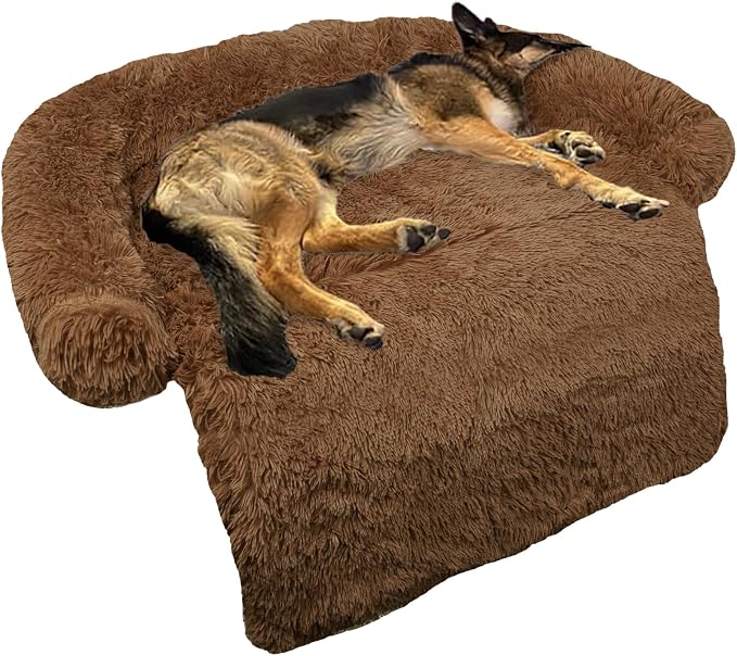 GGIB Calming Dog Bed Fluffy Plush Dog Mat for Furniture Protector with Removable Washable Cover for Large Medium Small Dogs and Cats (Large, Brown) by GGIB