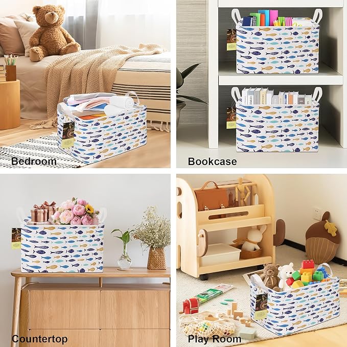 Rectangle Foldable Storage Basket Handles For Home, fish | Waterproof canvas material, reinforced handles, perfect for shelf use, organizes clothes, daily items and pet supplies - Image 4