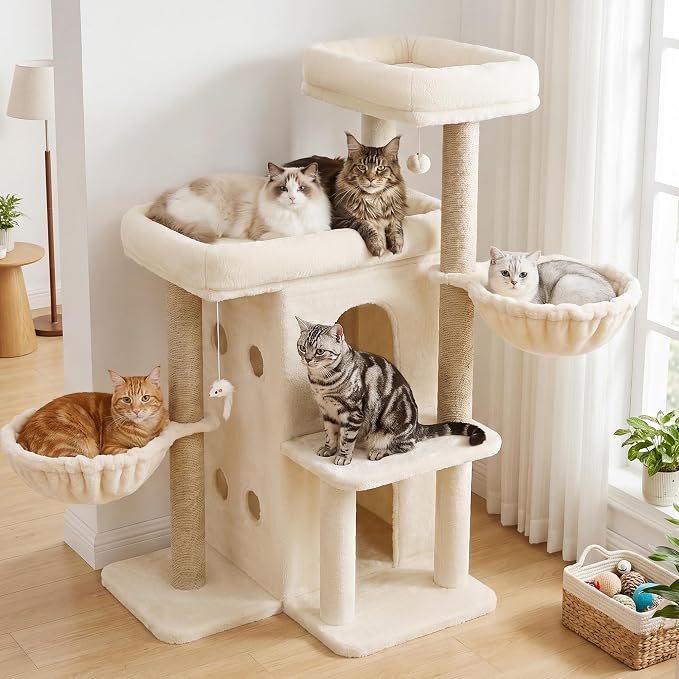 Heybly Cat Tree with Reinforced Big Base, 41.3 in Sturdy Cat Tower HCT075MJ | Indoor Cat Furniture Featuring 2 Roomy Platforms, Double Condos, 2 Cozy Baskets, Full Sisal Scratching Posts, Beige - Image 9