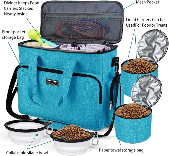 BAGLHER Dog Travel Bag, Pet Travel Bag (ALL Pet Travel Supplies), With 2 Pet Food Containers and 2 Collapsible Silicone Bowls; Essential Kits for Pet Travel Sky Blue - Image 5