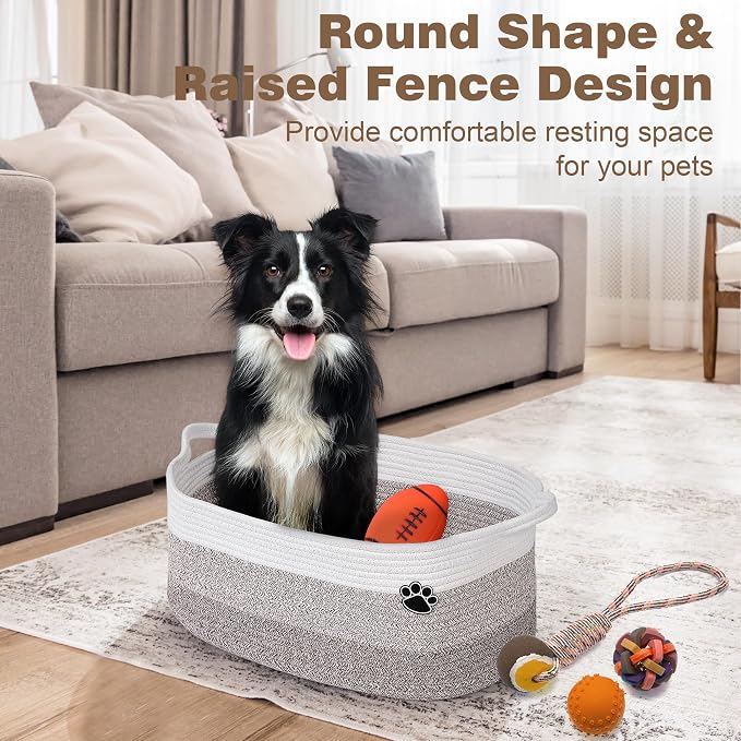 Optish 25L Medium Dog Toy Basket, Woven Rope Storage Basket, White-Brown | 16.5" x 11" x 9" Toy Storage Box and Bin with Handles for Living Room, Bedroom Organization, Foldable, Durable, Home Decor - Image 4