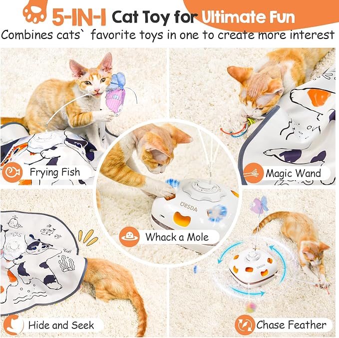 ORSDA Cat Toys for Indoor Cats, 5 in 1 Interactive Automatic Kitten Toys Rechargeable Electric Hide and Seek, Moving Feather, Whack-A-Mole, Spin Flying Teaser Wand Exercise Kicker, Gifts for Cat - Image 2