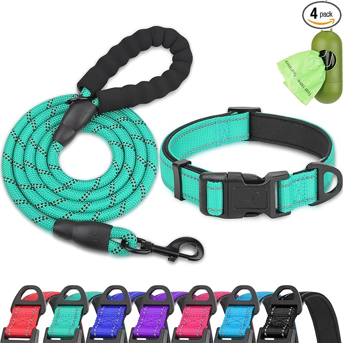 Dynmeow Reflective Dog Collar and Leash Set for Large Dogs, Teal | Soft Neoprene Padded, 6FT Climbing Rope, Ideal for Daily Outdoor Walking or Indoor Wearing, Night Visible for Safety by Dynmeow
