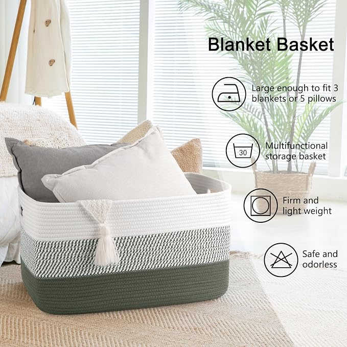 OIAHOMY Blanket Basket Laundry Basket Dog Toy Basket 75L Green/White | Large Storage Basket,Baby Basket,Toy Storage,Woven Rope Basket for Blankets,Blanket Storage for Living Room - Image 6