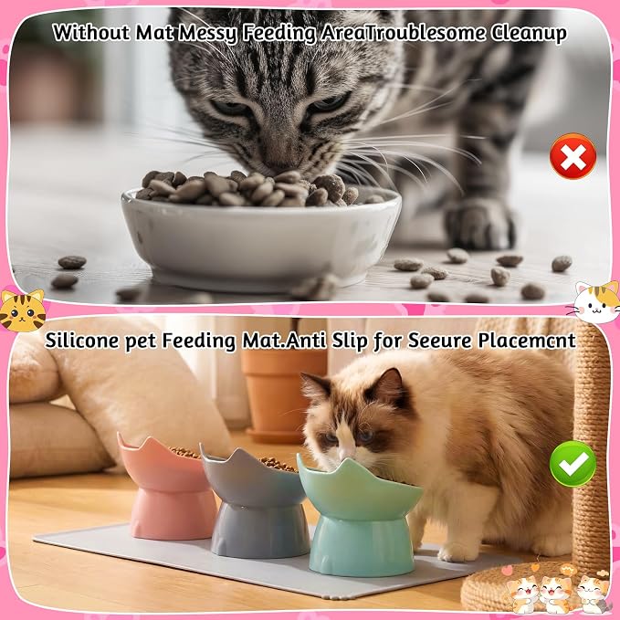 3 Pcs Elevated Cat Bowls 15°Raised Cat Food Bowl with Silicone Mat Pink | Whisker Friendly Anti Vomiting Cats Dishes Pet Food and Water Bowls for Indoor Cats Kittens - Image 7