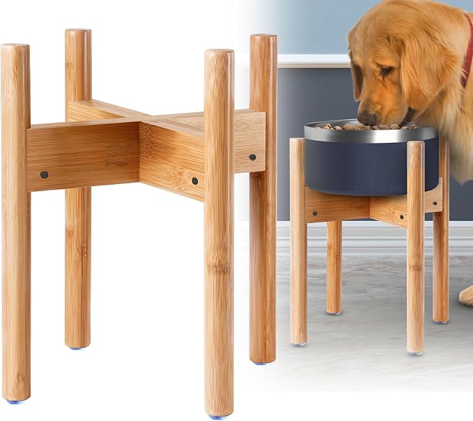 Dog Bowl Stand for Mid-Large Dogs - Adjustable, Easy Fold-Down | Use to Elevate Raise Dog Food, Water and Slow Feeder Bowls, Lock-Bolts and Tool Added, Foot-Padded, Bamboo Stand Only by ZPirates