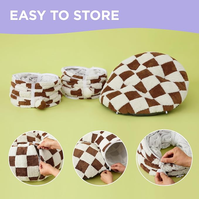 Lesure Donut Cute Jacquard Large Cat Tunnel Bed Kitten Toys for Dog Bunny | 39.5x39.5x10in,Round Large Cat Bed Tube for Multi Kittens,Pet Peekaboo Cave Toy,Spiral Hideaway,Washable Cushion,Brown Checks - Image 4
