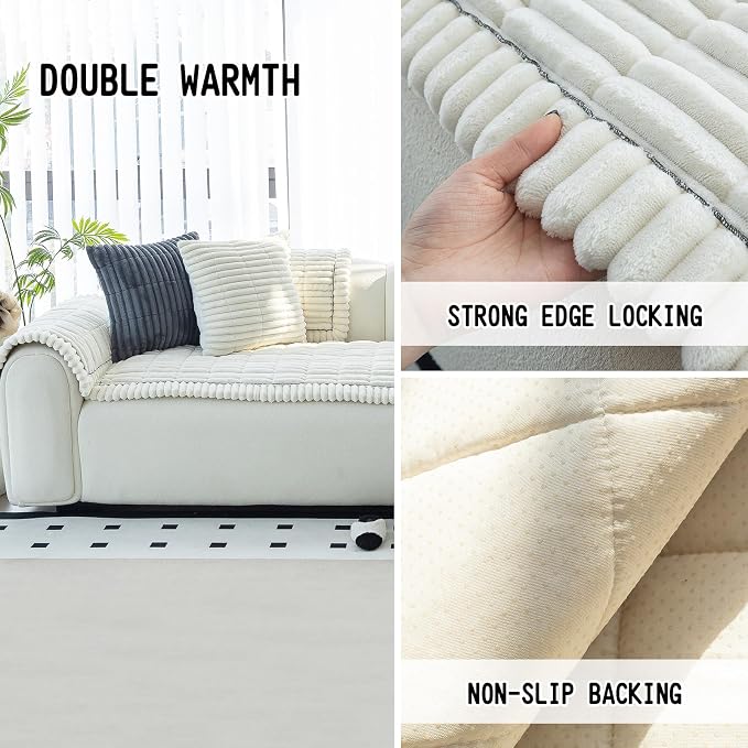 Sofa Couch Cover, Sofa Covers for Dogs Washable, Non-Slip Striped Sofa Slipcovers for Sectional Sofa, Sofa Cover Furniture Protector for L Shaped(Beige White, 27.6"x 27.6") - Image 2