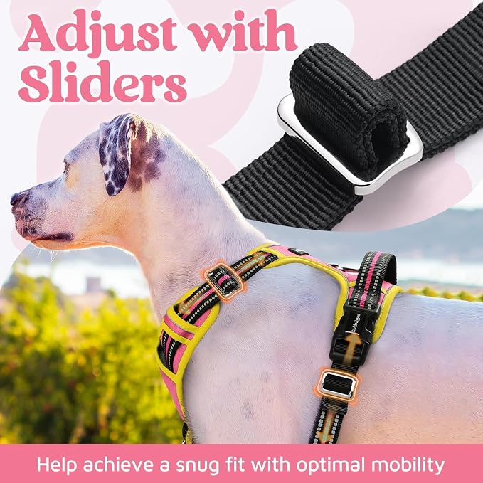 rabbitgoo Dog Harness Medium Sized, No Pull 3 Buckles Easy On & Off | Soft Padded, Walking with Control Handle, Adjustable and Reflective, Pink & Yellow, Medium - Image 5