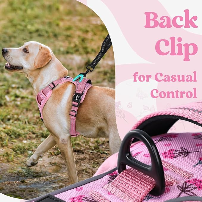 rabbitgoo Dog Harness Medium Sized, Updated Easy On & Off with 3 Buckles | No Pull No Choke, Walking with 2 Clips and Handle, Adjustable Soft Reflective, Floral Pink, Medium - Image 6