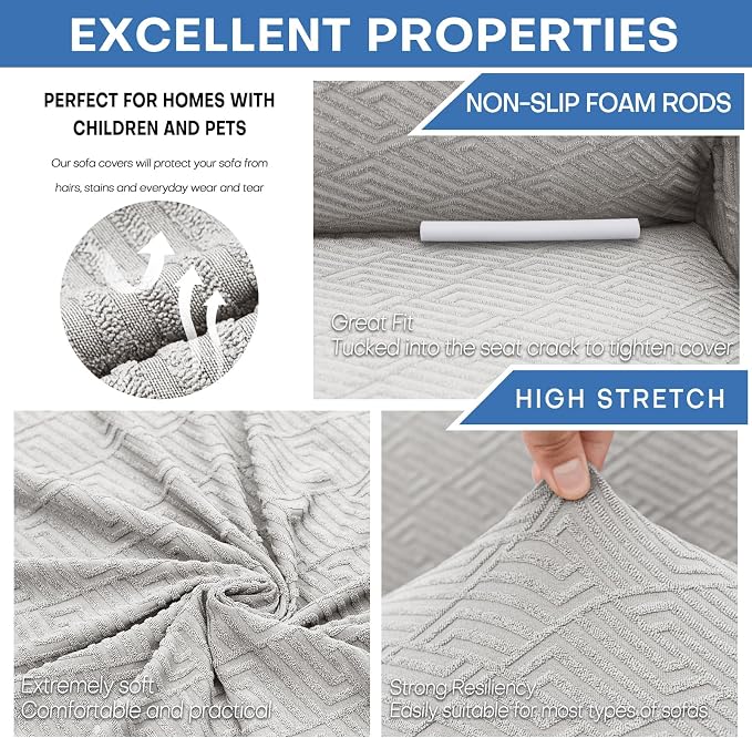 XINEAGE New Extra Large Couch Cover for 3 Cushion Couch (91"-110") 1 Piece Stretch Oversized Sofa Slipcovers Jacquard 4 Seater Furniture Protector Elastic Bottom for Kids,Pet (XL Sofa, Silver Grey) | High-Stretch Fabric. Wear-Resistant, Pet Friendly. E... - Image 5
