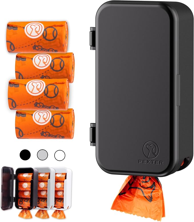 Pexter Dog Poop Bag Dispenser - Outdoor or Indoor Pet Waste Bag Dispenser Station - Stick-On or Screw-On Wall Mount - Poop Bags Storage Outdoor Container - Includes 4 Doggie Bag Rolls (Black) by PEXTER