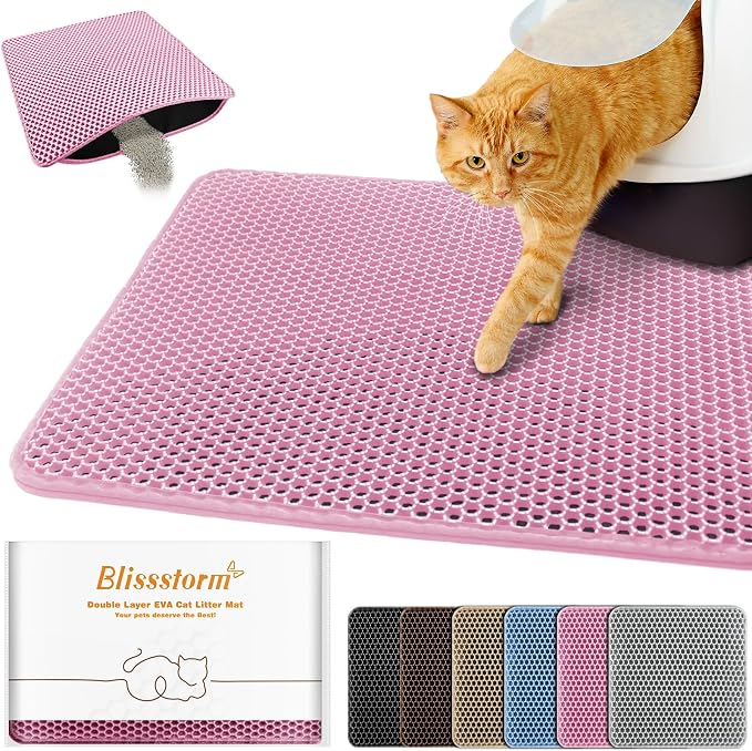 Cat Litter Mat 16"x20",Double Layer EVA litterbox Mat, Pink | Waterproof honeycomb large grid, urine-proof and odor-free. Traps litter, easy cleanup,Washable, non-slip backing by BLISSSTORM