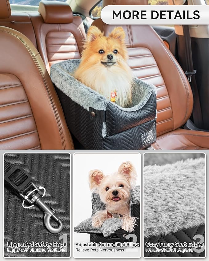 PETSFIT Dog Console Car Seat with Dual Adjustable Seat-Rail Anchor Hooks | Anti-Collapse Leather Armrest Booster Carseat with Safety Tether, Washable Cushion, Soft Pillow for Pets Under 8 lbs, Black - Image 8