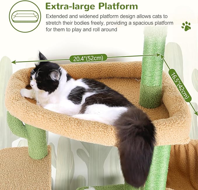 Globlazer Cactus Sturdy Cat Tree for Indoor Cats 20 lbs, S68, Green | 68-inch Large Cat Tower for Adult Big Cats, Heavy Duty Cat Tree with Extra Large Platform, 5 Scratching Post - Image 2