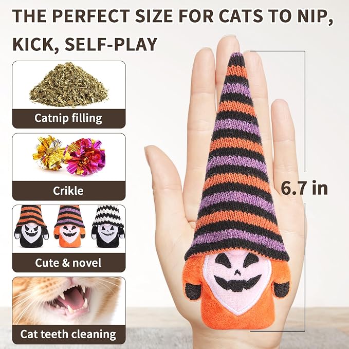 Retro Shaw Cat Toys for Indoor Cats Kittens, Crinkle Catnip Gnome, 3 Pack | Halloween Goth Plush Toys, Soft and Durable, Safe Teeth Cleaning, Interactive Fun, 6.7 Inches - Image 2