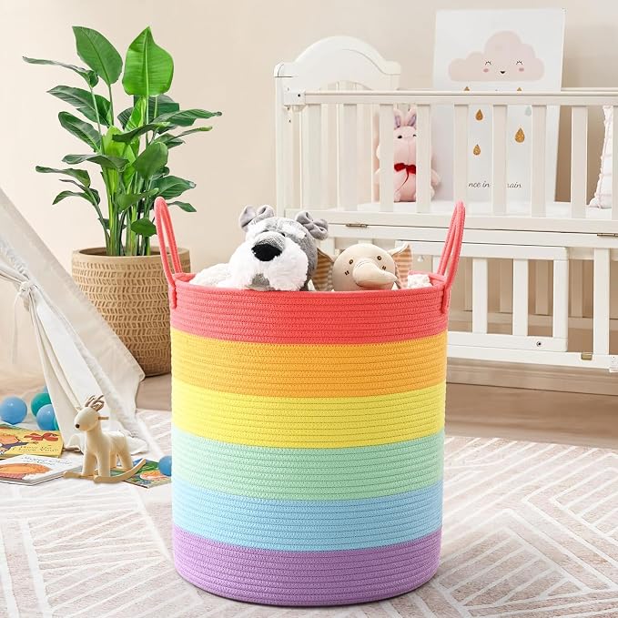 Laundry Hamper for Organizing, 52L Large Laundry Baskets, Cotton Rope Woven Blanket Basket, Collapsible Laundry Hamper for Living Room, Nursery, 15"×18", Rainbow - Image 5