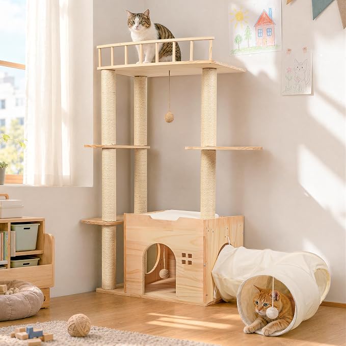 45 Inch Solid Wood Cat Tree, Modern Cat Tower for Indoor Cats, Cat Condo with Single Tunnel, Sisal Scratching Posts, High Perch Platform, Washable Cushion, Hanging Balls, Natural - Image 8