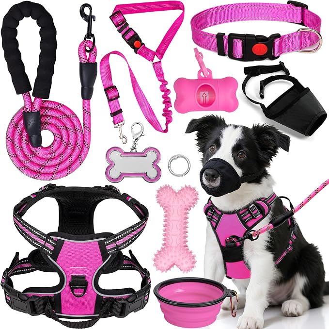 No Pull Dog Harness Adjustable Collar & Leash Set - Dog Halter Harnesses Collapsible Bowls & Poop Bag Dispenser Muzzle ID Tags Toys Fits Small Medium Large Dogs (Pink-M) by Unknown