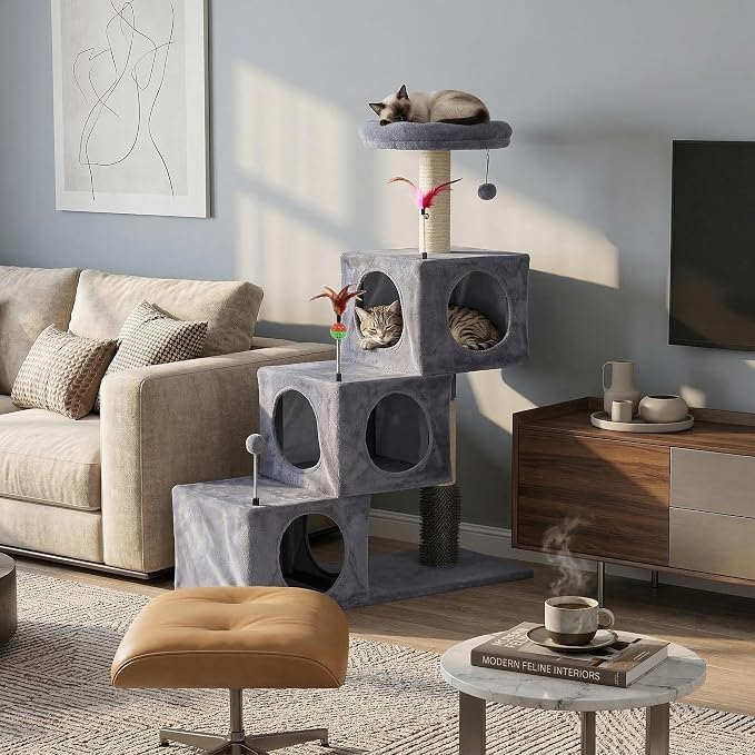 Cat Tree Tower for Indoor Cats 12lbs, Cat Tree with 3 Spacious Cat Houses & Condos, Full Sisal Scratching Posts and Cat Scratcher Toys，Grey - Image 4