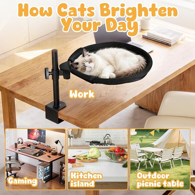 Topmart Cat Desk Bed with 360° Rotating & Adjustable Height | Cat Hammock for Desk with 2 Washable Pads, Easy to Install, Kittens Bed Attachment for Home Office,Up to 45LBS, Grey & Black - Image 7