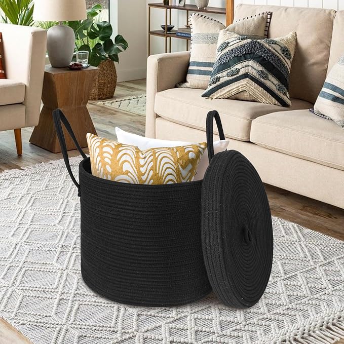 15" X 13" Large Black Basket with Lid, Cotton Rope Storage Basket for Blanket, Toy, Pillow, Towel, Laundry, Wicker Living Room Bedroom Storage Bin, Black Woven Organizing Basket with Cover - Image 6