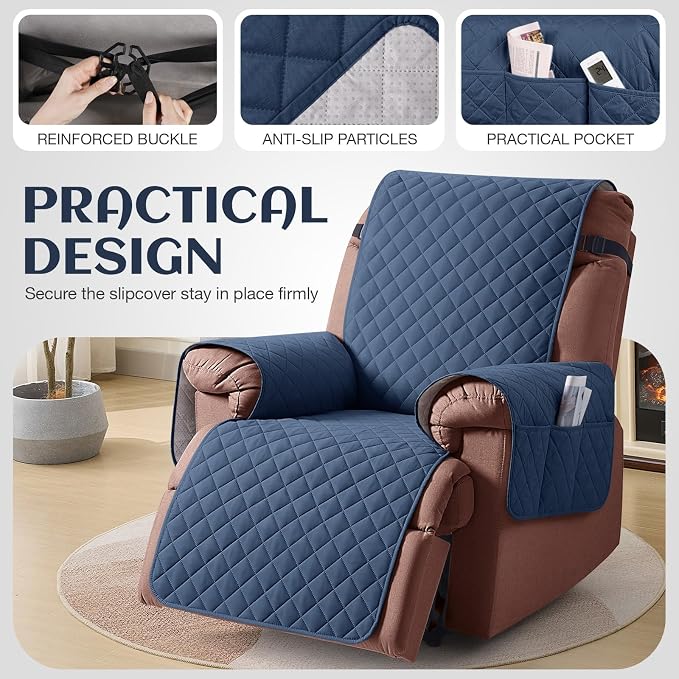 KinCam 100% Waterproof Recliner Chair Covers Washable, 23.6", Blue | Anti Slip Reclining Couch Covers for Pets Dog, Recliner Sofa Slipcover Storage Pocket, Furniture Protector with Elastic Strap - Image 5