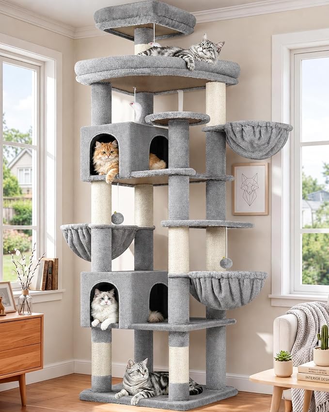 Globlazer Extra Large Cat Tree Tower, 82in Tall Heavy Duty Cat Tree for Indoor Cats Large Adult Big Cat Tower with 8 Scratching Posts, 2 Cat Condos, 2 Top Perches, 3 Hanging Baskets, S82, Light Grey by Globlazer