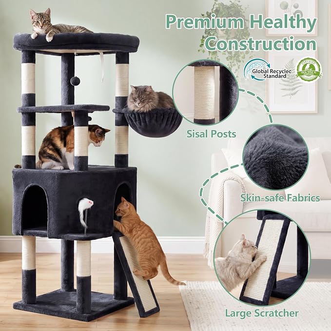 Cat Tree, 61 Inch Tall Cat Tower, Diamond-Shaped Cat Cave VCT001G | Cat Condo with Wide Top Perch & Basket, Sturdy Scratching Post, Interactive Toy for Large Indoor Cats, Smoky Gray - Image 5