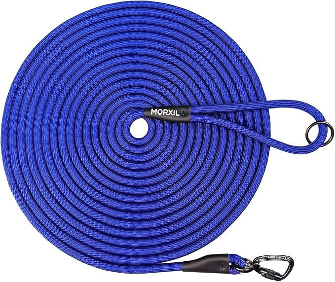 Long Dog Leash, 10ft 30ft 50 feet Heavy Duty Dog Training Leash, Aviation Aluminum Auto Locking Carabiner, Nylon Rope Long Line Check Cord Recall Lead for Yard,Playing,Camping,Blue,10FT by MORXIL